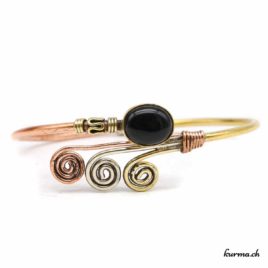 Tricolore et triple spirale avec pierre en Onyx – Bracelet en laiton doré – N°6646.1