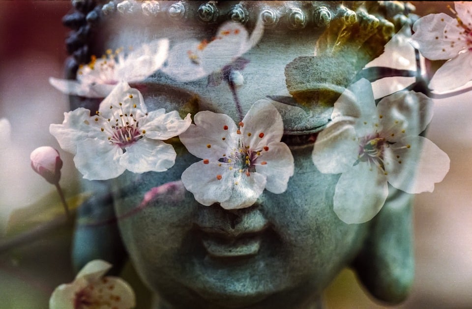 Bouddha orné de fleurs. Image par Benjamin Balazs de Pixabay