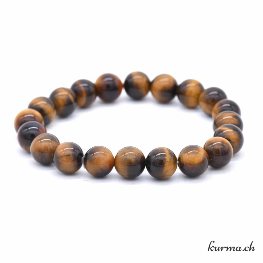 Bracelet En Pierres D'Œil De Tigre - Perles Rondes 10 Mm - Couleurs Dorées Et Brunes - Occasion