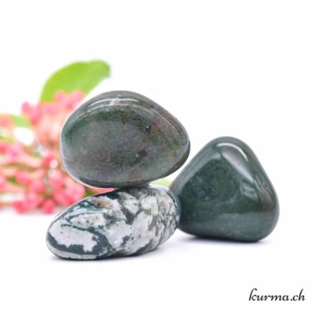 Pierre roulée Agate Mousse Verte L-2 disponible dans la boutique en ligne Kûrma. Votre magasin de pierre et minéraux en suisse