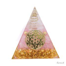 Orgonite – Pyramide 6cm – Cristal de Roche & Quartz Rose – Fleur de Vie & Pentacle – N°17794