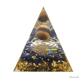 Orgonite – Pyramide 6cm – Oeil de Tigre & Obsidienne Noire – Arbre de Vie & Spirale – N°17797