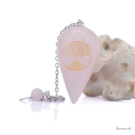 Pendule Quartz rose – Goutte 4cm gravé – Arbre de vie – N°17447