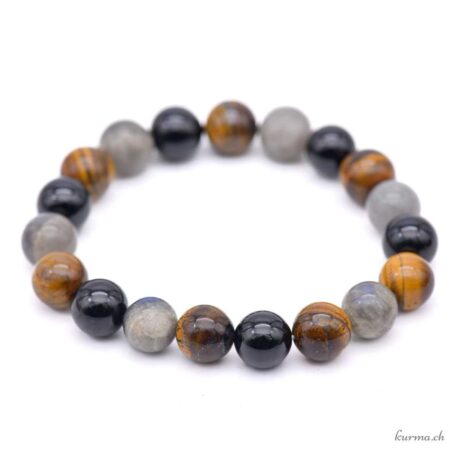 Armband aus Labradorit, Tigerauge und schwarzem Turmalin, 10–10,5 mm