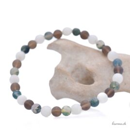Armband aus Moosachat, Rauchquarz und mattem weißem Mondstein, 6–6,5 mm