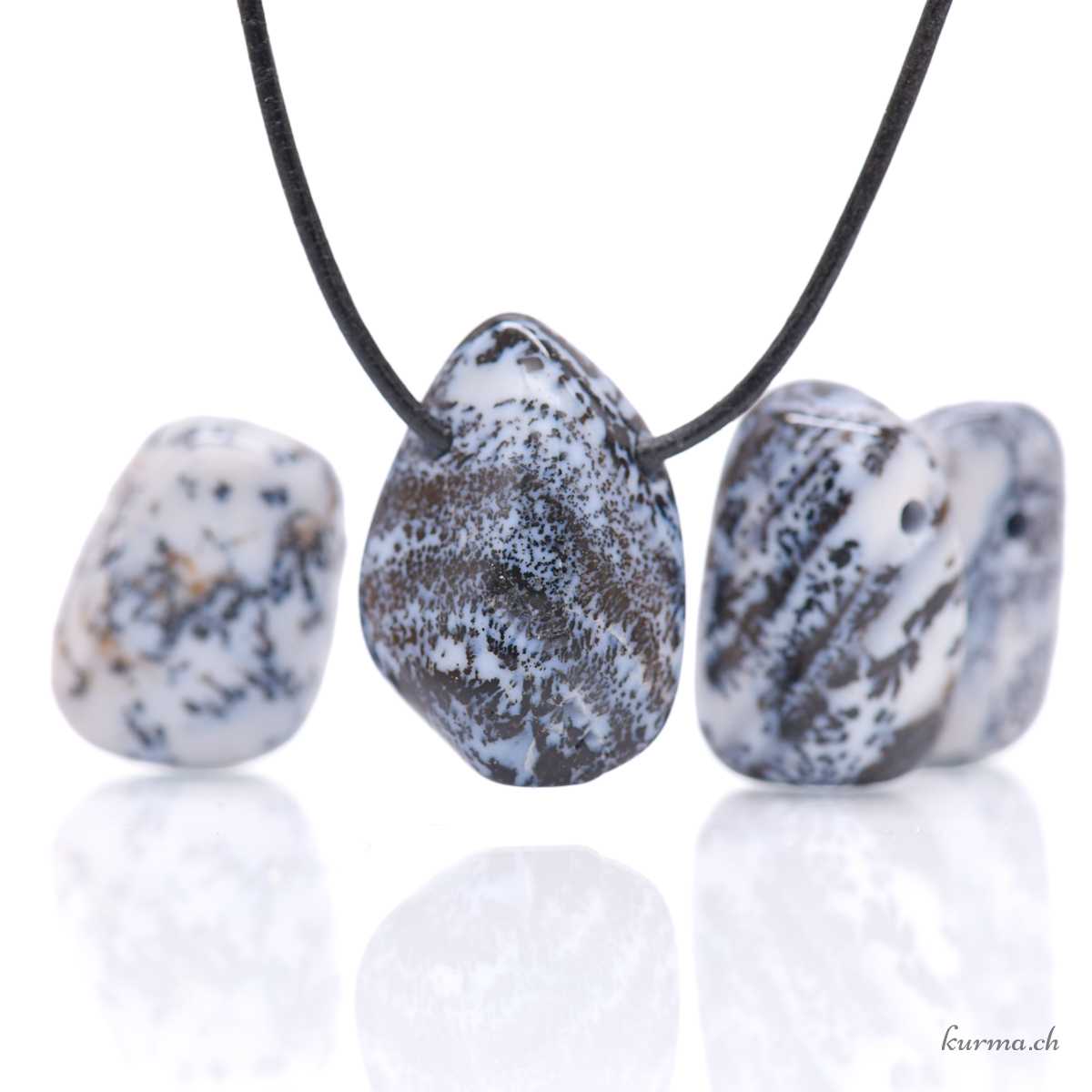 Agate dendritique (Calcédoine) - Pendentif en pierre percée Dendritischer Achat (Chalcedon) – Durchbohrter Steinanhänger